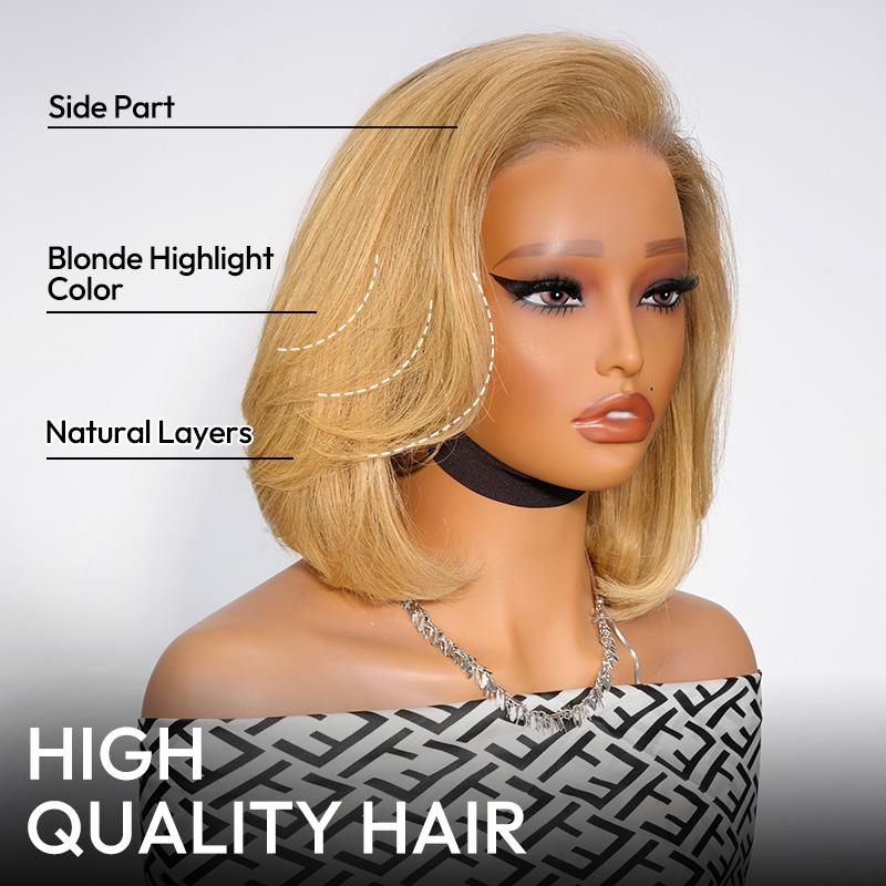 [Clearance]AliPearl Wigs Honey Blonde Pre Styled Straight Layered Glueless 13x4 Lace Front Wig Short Bob Ready to Go Pre Cut Pre-Plucked Wig Human Hair 180% Density
