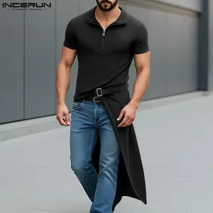 INCERUN Men's 2025 Fall Soft Polyester Spandex Lapel Slim Top - Long/Short Sleeve, Black, Asymmetrical Hem, Aesthetic Design, Ideal for Nightclub, Streetwear Casual Menswear, Shortsleeve