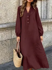 A women's fashionable, gentle and casual solid color long sleeved dress, with a lazy and relaxed style, loose and slimming V-neck design, suitable for spring and autumn, suitable for home, indoor and outdoor wear