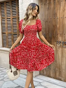 aodebiao Summer Leisure Resort Collection Women's Fashion Slim Fit Short Sleeve A-Line Dress, Bubble Sleeves Ditsy Floral Print, Casual Sweet Midi Dress for Everyday Daily Wear  brunch dresses
