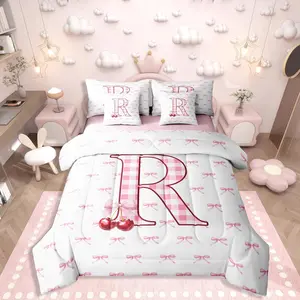 Initial Letter R 7 Pieces Bedding Set,Pink Bow Cherry Girls Comforter Set,Kawaii Bowknot Bed in A Bag,Princess Style Romantic Bow Plaid Bed Set