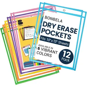 12 Pack 10 x 13 Reusable Dry Erase Pockets Heavy Duty Clear Pocket Sleeves for Work & School Worksheets Quickly Wipe to Flawless Clean Multicolor