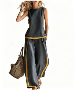 2026 New Sleeveless Color-block Wide-leg Pants Set Women Summer Casual Fashion Two-piece Outfit