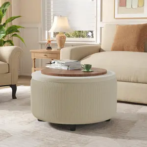 [SummerVibes] Vabches 30inch Round Storage Ottoman with Hidden Storage, Modern Ottoman Coffee Table with Removable Wood Top, Upholstered Foot Stool for Living Room, Sofa Side, Bedroom, Office (Beige, 30" W)
