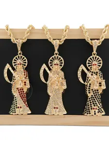 New Large Gold-Plated Santa Muerte Pendant with Clear Stones 24-Inch Rope or Cuban Link Chain for Stylish Wear Jewelry with Luxurious Finish and Sparkling Effect