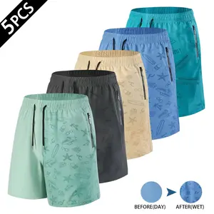 5 Pack Men's Water-Reactive Pattern Reveal Shorts - Quick Dry Swim Trunks  Zipper Pockets | Elastic Waist Drawstring Bathing Suits for Swimming, Surfing & Summer Casual | Water-Activated Pattern Reveal, Lightweight & Breathable