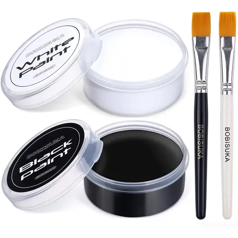 BOBISUKA Oil-Based High Pigment Black & White Face Paint Kit (2.46oz, Large Cap) with 2 Brushes, Professional Hypoallergenic for All Skin Types, Contains Neither Harmful Additives, Body Art, Carnivals, Color Correction SFX Makeup