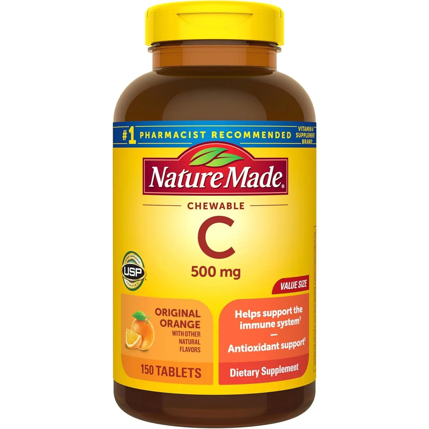 Nature Made Chewable Vitamin C 500 mg, Dietary Vitamin C Supplement for Immune Support, 150 Tablets, 150 Day Supply