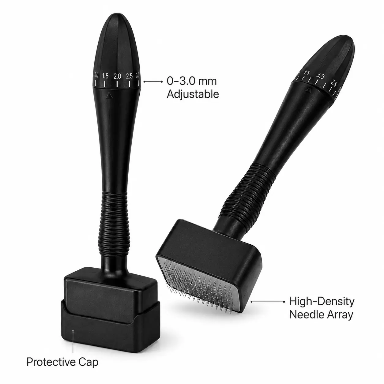 Adjustable Microneedle Stamp 0–3.0mm, High-Density Precision Needle Array, Ergonomic Anti-Slip Handle with Protective Cap, Black Vertical Stamping Skincare Tool for Face Care
