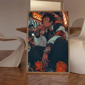 Chillin Black Dope Demon Slayer Anime Poster, Tanjiro Afro Urban Culture Street Print, Ebonic Black Anime Wall Art