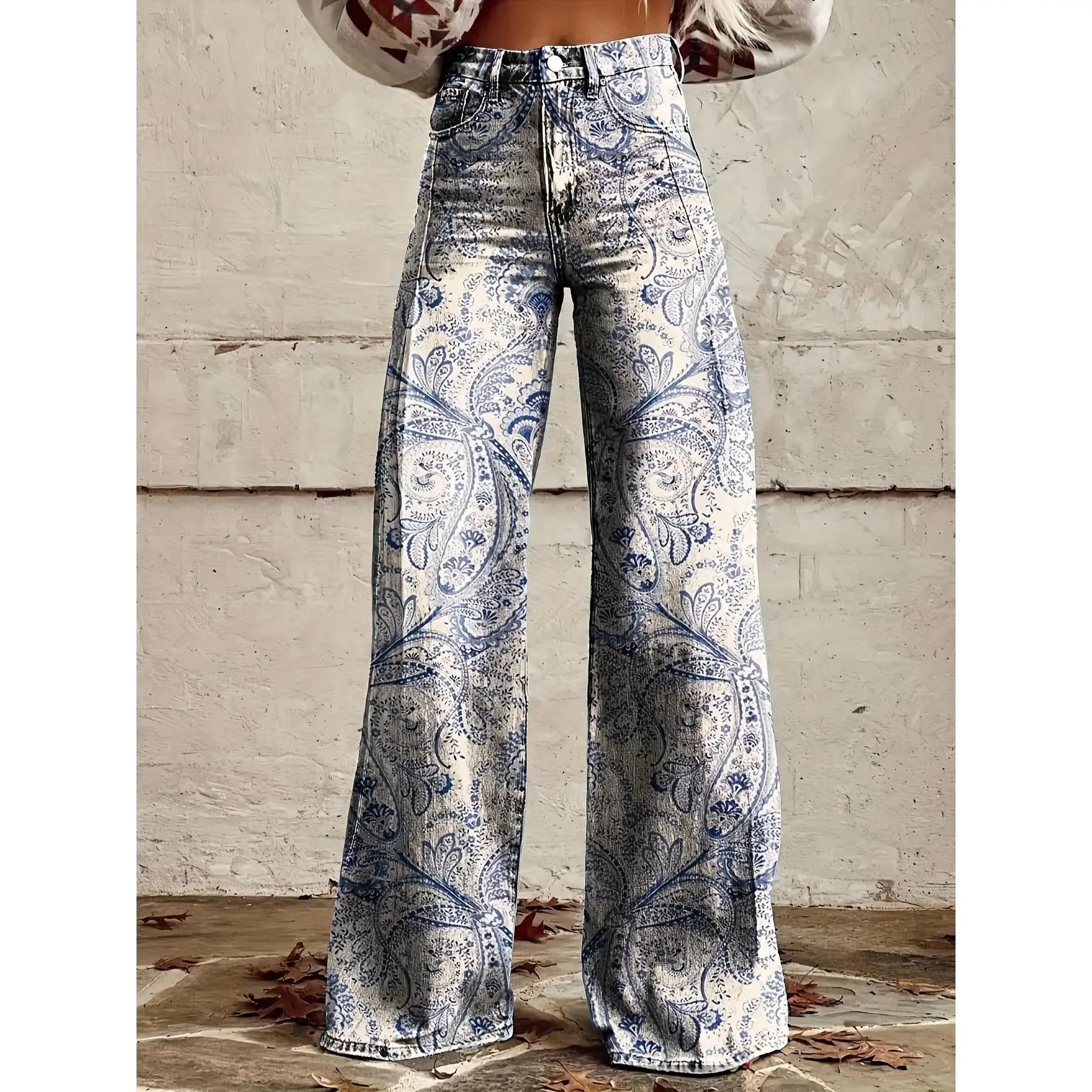 Women's Bohemian Retro Paisley 3D Print Wide-Leg Jeans - Extra-Long Length Light Blue & White Vintage Trousers, Beltless Button Closure Straight-Leg Fit for Spring/Fall Casual & Semi-Formal Outfits (Machine Washable) - Geometric Pattern Non-Stretch Fabric