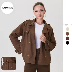 KatchMe Women's Classy Solid Color Notch Lapel Double Breasted Waist Tie Jacket, Cozy Fall & Winter Button Epaulets Outerwear, Basic Lady Streetwear