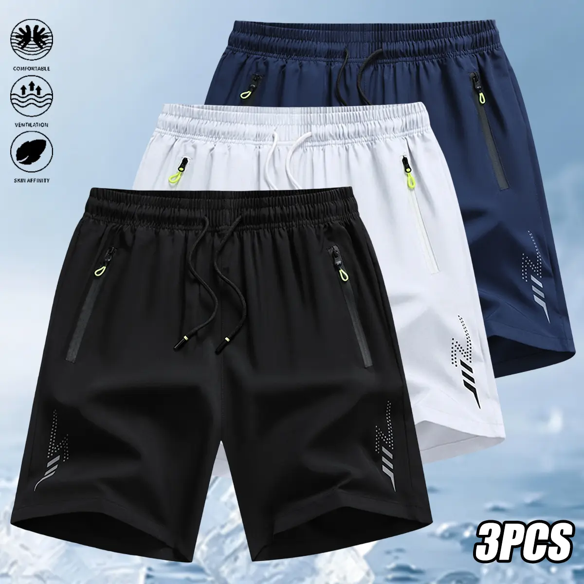 Men's 3-Pack Casual Sports Shorts, Quick-Dry Polyester Blend with Drawstring Waist for Active & Everyday Wear, Three-Pieces
