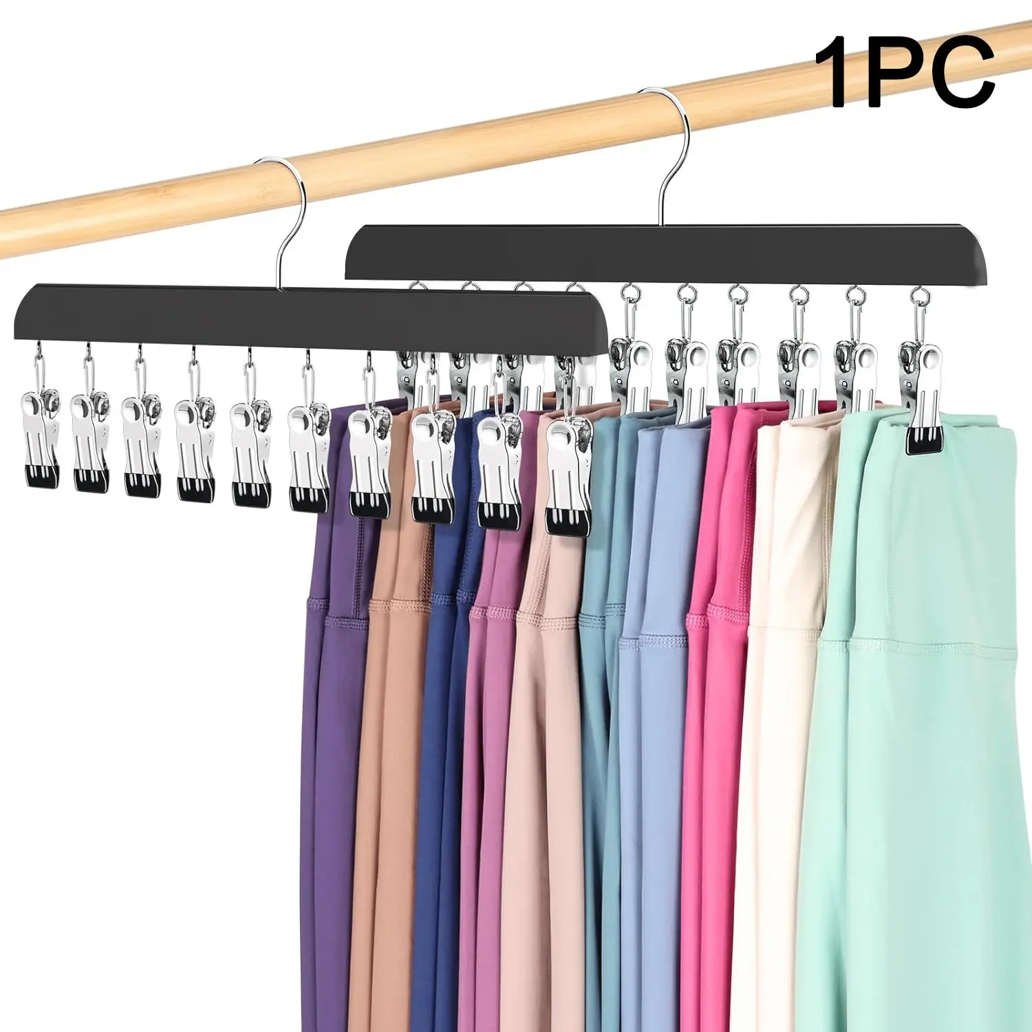 Legging Organizer for Closet, Wooden Pants Hangers with Clips, Multifunctional Clothes Hanger, Hold 10 Leggings, Jeans, Hats, Shorts, Socks, 360° Rotating Space Saving, Yoga Pants Hangers, Space Saver Hangers