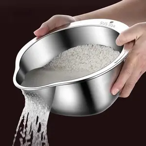 Multifunction Stainless Steel Rice Washing Bowl, Rice Strainer and Drain Basket for Fruits, Vegetables and Pasta, Kitchen Colander, Food Prep Bowl and Kitchen Organizer
