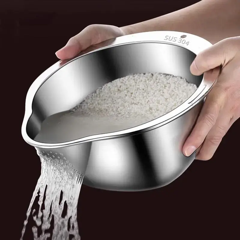 Stainless Steel Multifunctional Rice Strainer - Round, Sturdy, Compact Kitchen Utensil with Easy-to-Drain Speeds Washing, Fruit/Veg Wash Bowl, Pasta Prep & Storage Basket, Rice Washer Strainer Bowl