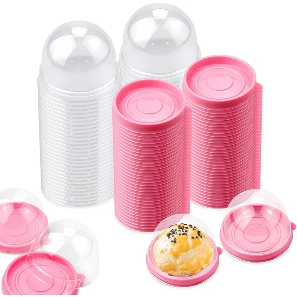 100 Pack 2.75×2.75×2 Inch Clear Plastic Single Dome Mini Cupcake Boxes, Round Pink Muffin Pod Individual Containers, Food Grade Disposable Bakeware for Cheese Pastry Mooncake Wedding Birthday Party Favor Dessert Packaging
