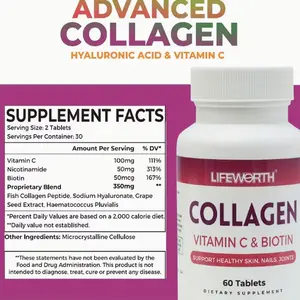 LifeWorth Collagen and Vitamin C Supplement - 60 Tablets with Biotin and Hyaluronic Acid Infusion for Hair, Nails and Nails - Supports Healthy Nails, Nails and Hair Growth - For Men and Women