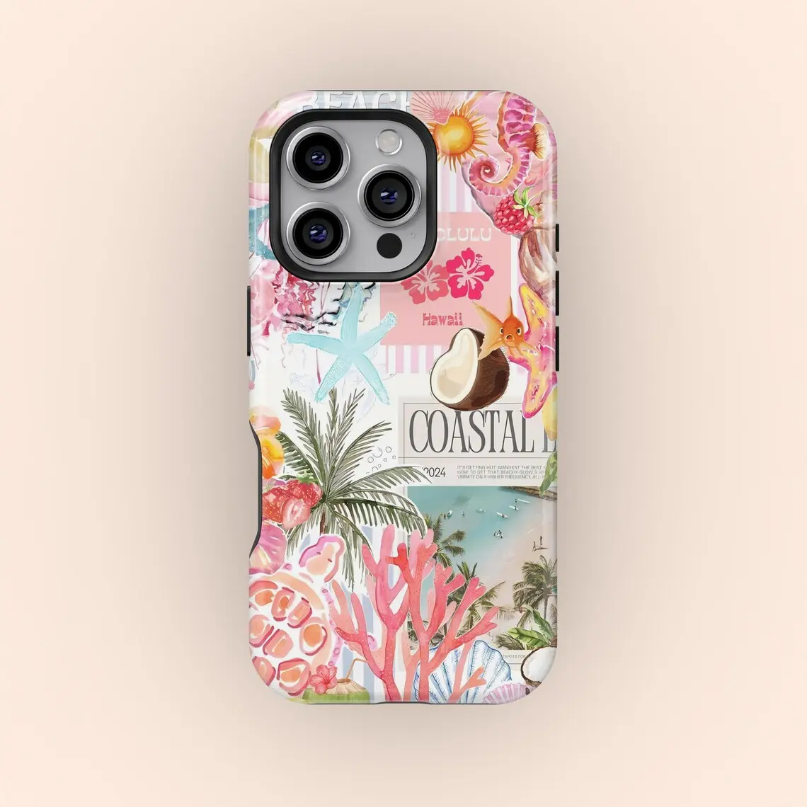 Coastal Beach Collage Coquette Smartphone Case - Summer Coconut, Hibiscus Vibes, Handheld Cellphone Protection for iPhone 17/16/15/14/13/12/11 Pro Max, Samsung Galaxy S25/S24/S23 Devices