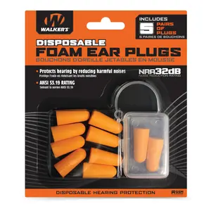 Walker's Disposable Foam Ear Plugs – 32dB Noise Reduction Hearing Protection (5 Pair Pack)
