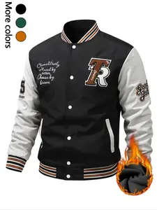 Men's College Style Baseball Jacket, Large Letter Embroidery Colorblock Sleeves, Trendy Versatile Outerwear for Spring & Fall