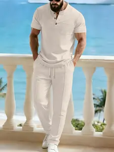 Men's Business Casual Sporty Elegant Plain Solid Color Pocket Stand Collar Short Sleeve Long Pants Set, Stylish and Comfortable