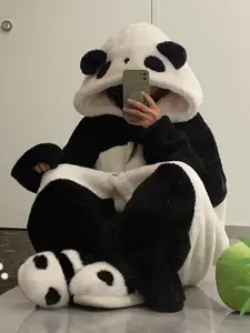 Women's Cartoon Panda Pajamas Set, Winter Coral Fleece Thick Sleepwear, Loungewear, Cute Girls Home Clothes, Warm Nightgown & Robe