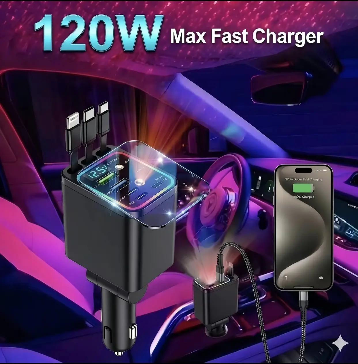 7-in-1 Retractable 120W Car Charger with Starry Sky Ambient LightAutomobiles and motorcycles / vehicle-mounted electronic equipment Dual USB built-in starlight projector usb-c cable high-speed c adapter type-c left right Climate Control Panel Replacement,