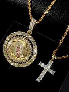 Hip Hop Style Virgin Mary Guadalupe Pendant Necklace & Cross Pendant Necklace, Rhinestone Decor Necklace for Party, Daily Decor, Trendy All-match & Exquisite Jewelry for Birthday Gift,  Women Gifts