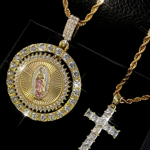 Hip Hop Style Virgin Mary Guadalupe Pendant Necklace & Cross Pendant Necklace, Rhinestone Decor Necklace for Party, Daily Decor, Trendy All-match & Exquisite Jewelry for Birthday Gift,  Women Gifts, Rhinestone Decorated Necklace