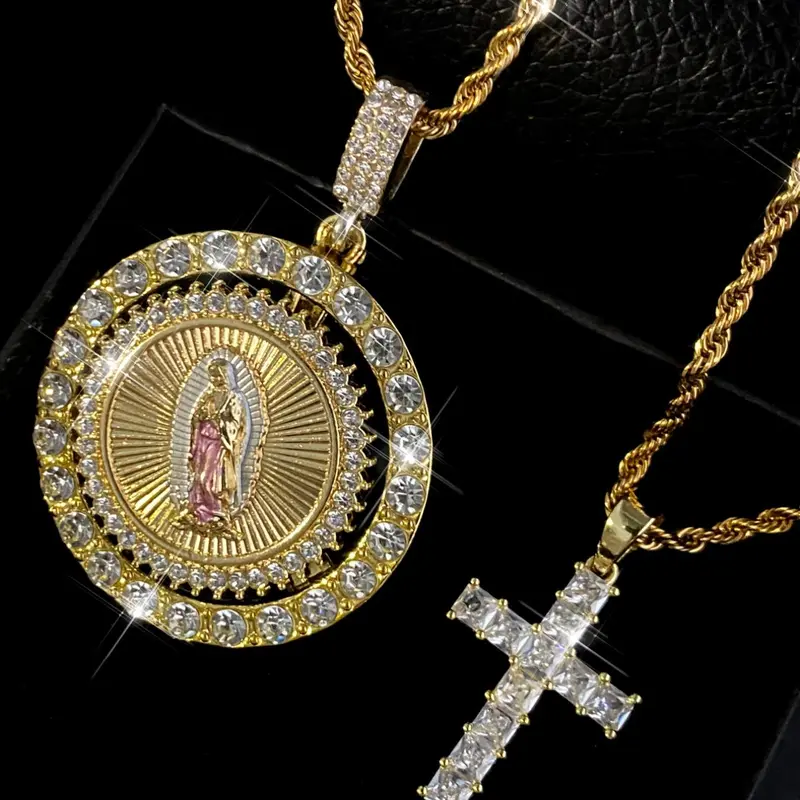 Hip Hop Style Virgin Mary Guadalupe Pendant Necklace & Cross Pendant Necklace, Rhinestone Decor Necklace for Party, Daily Decor, Trendy All-match & Exquisite Jewelry for Birthday Gift, Women Gifts, Rhinestone Decorated Necklace