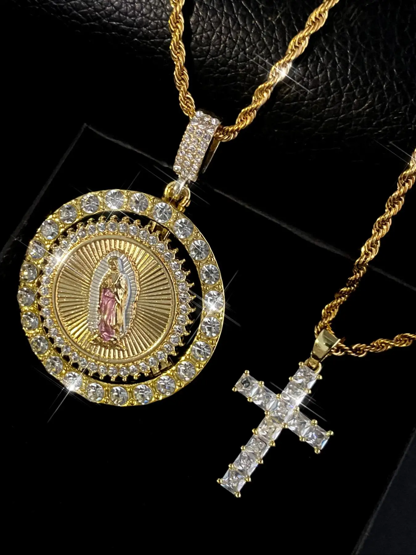 Hip Hop Style Virgin Mary Guadalupe Pendant Necklace & Cross Pendant Necklace, Rhinestone Decor Necklace for Party, Daily Decor, Trendy All-match & Ex