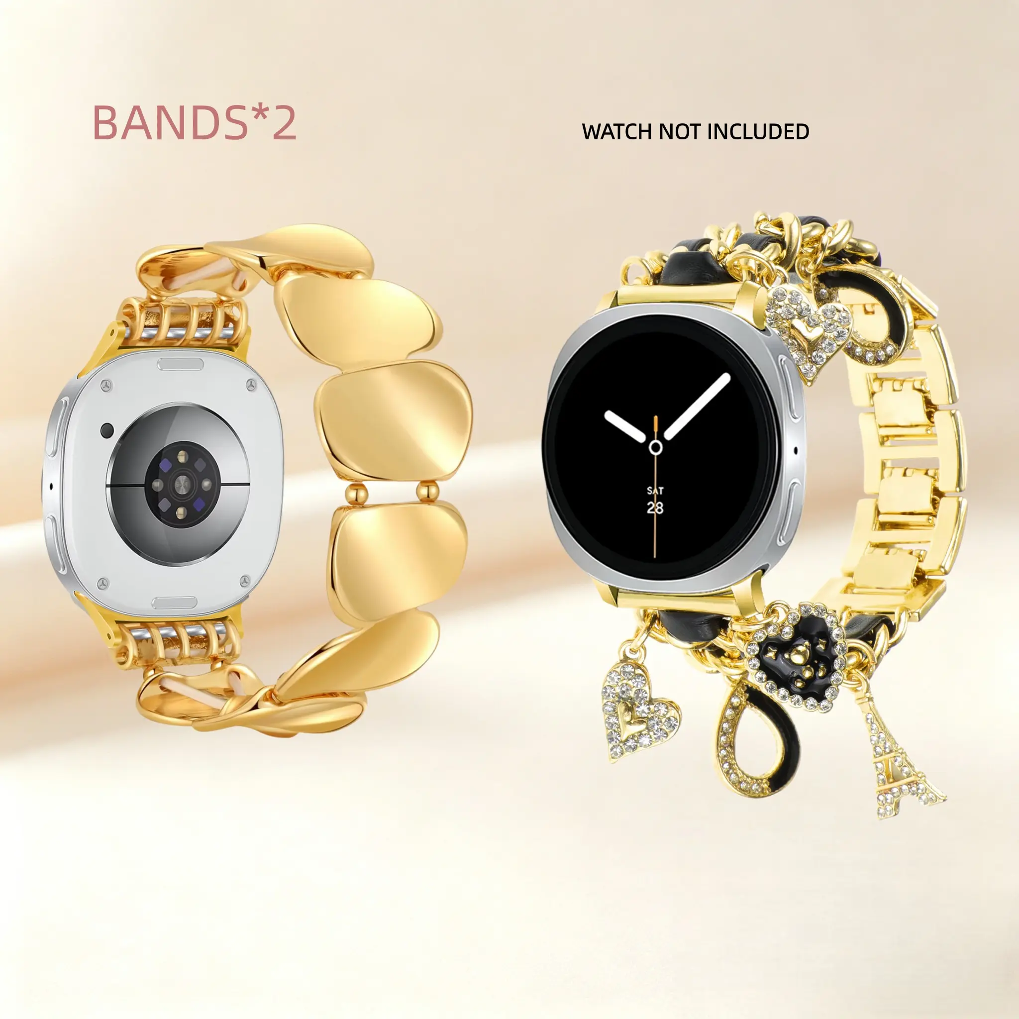 Metal Bracelet Elastic Strap Compatible with Samsung Galaxy Watch 8 40mm 44mm, 8 Classic 46mm Strap Women's Cuban Chain Metal Wear Heart Accessory Strap, Smartwatch Compatible Bands, Smart Watch Straps, 2 sets
