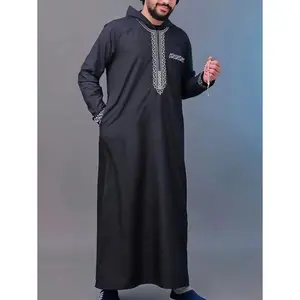 New Men's Loose Hooded Robe Luxury Men's Embroidered Long Sleeve Muslim Clothing Robe Middle East Juba Sobey Traditional Men's Robe