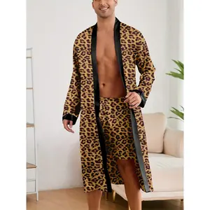 Men's Leopard Print Long Sleeve Nightgown and Shorts Set