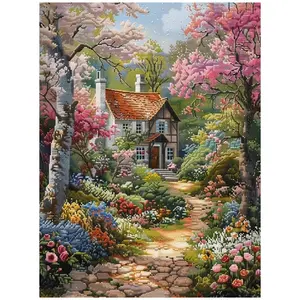Spring cottage with cherry blossoms and flower path wall art, Diamond painting kits, multiple sizes available including diamonds, 5D DIY diamond painting set diamond art embroidery kit handmade furniture decor holiday birthday art personalized gift