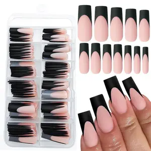 French Tip Press on Nails, 120pcs/box Long Square Colorblock Fake Nails with Nail File & Glue & Stick, Press on Fake Nail for Women & Girls DIY Nail Art, Nail Adhesive