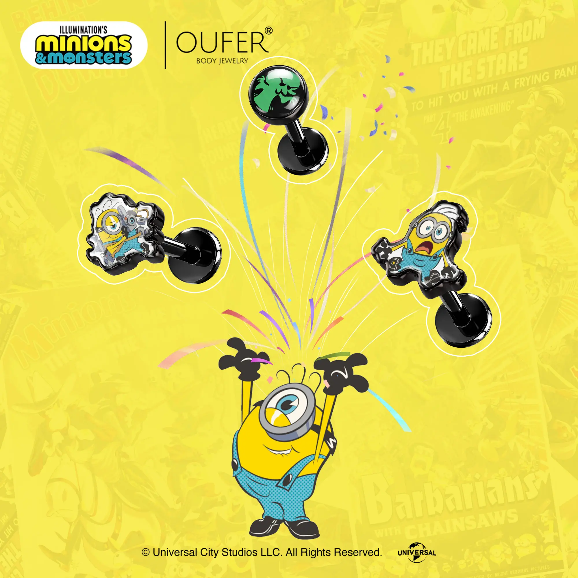 MINIONS × OUFER James & Henry & Ed Internally Threaded 16G Stainless Steel Cartilage Stud 3PCS Set