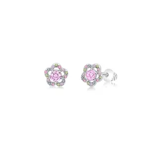 Flower Pink Crystal White Gold Palladium Plating Hypoallergenic Kids Screwback Stud Earrings Surgical Titanium Posts