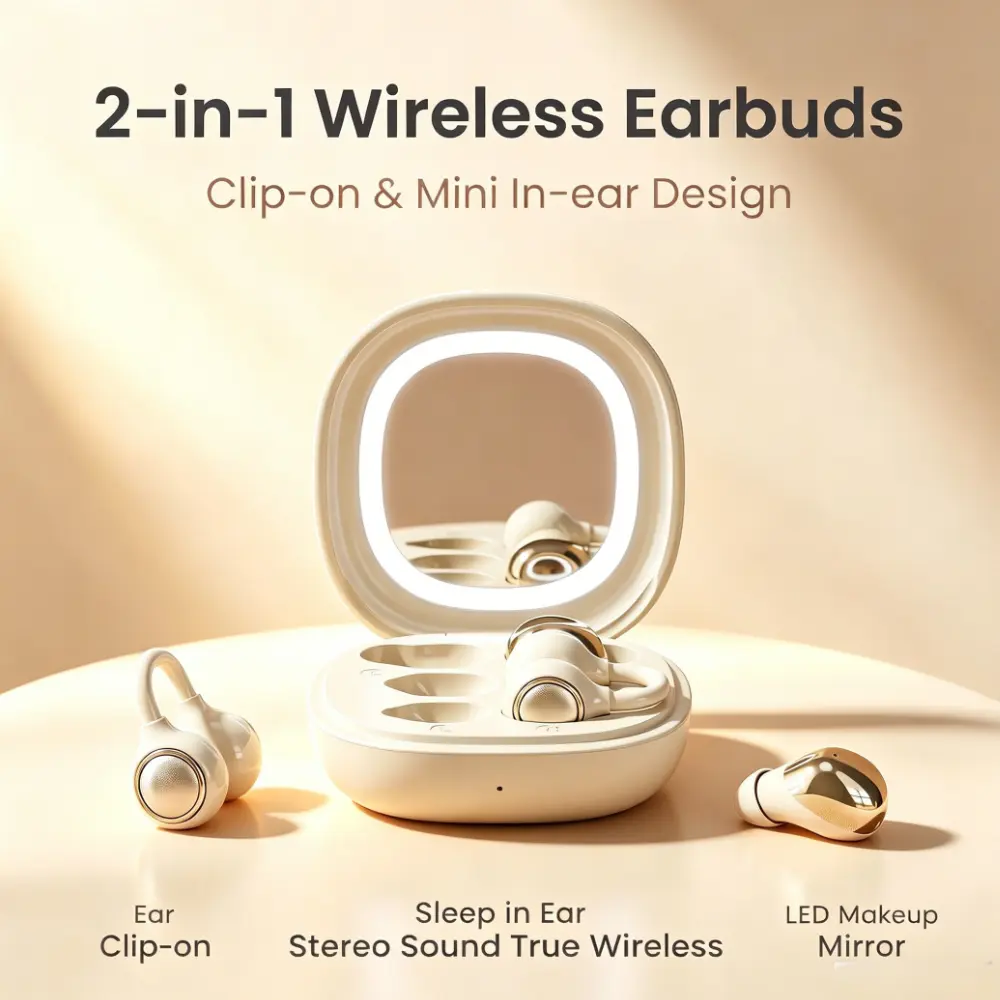 FLUFFDRIP M165 Dual-Function True Wireless Earbuds, 2 Pairs Included - Stereo Open Ear Clip Earphones + Mini Soft Sleep In-Ear Buds, Lighted Metallic Makeup Mirror Charging Case for Daily Travel, Beauty, With Lights Audio Black
