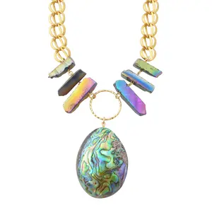 Paua shell teardrop pendant and colorful titanium rainbow coated quartz statement necklace