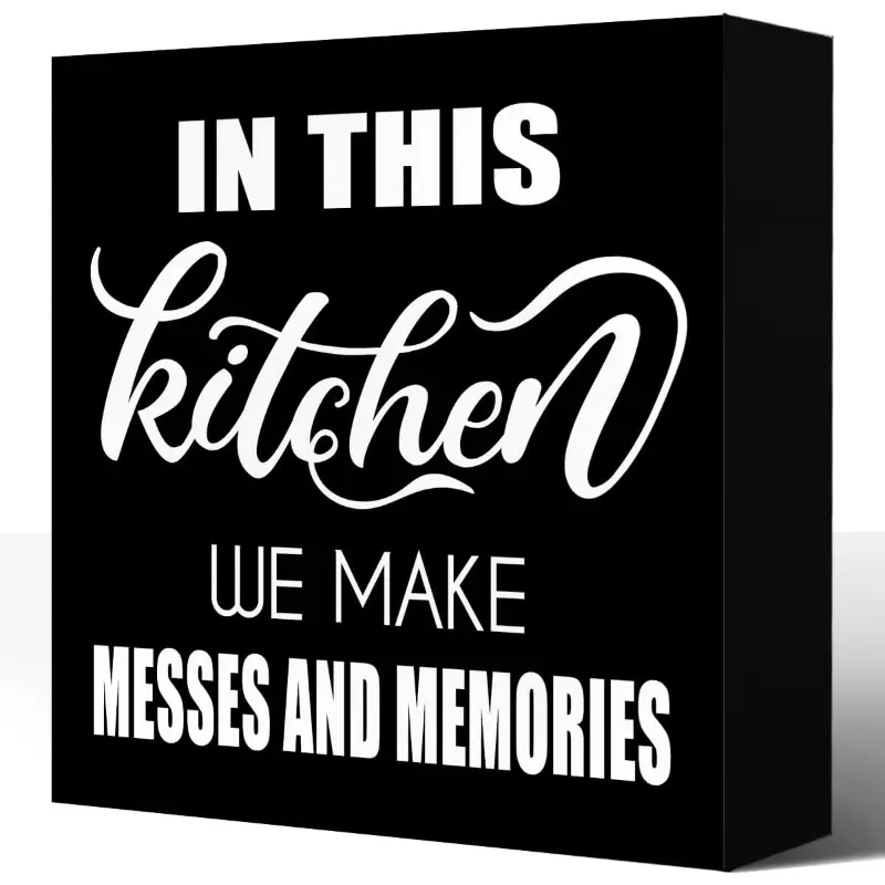 Nostalgic Kitchen Wooden Block Sign With "In This Kitchen We Make Messes And Memories" Quote, Heartwarming Family Kitchen Decor, Cottage Style Wooden Plaque, Unique Gift Idea, 5x5 inch