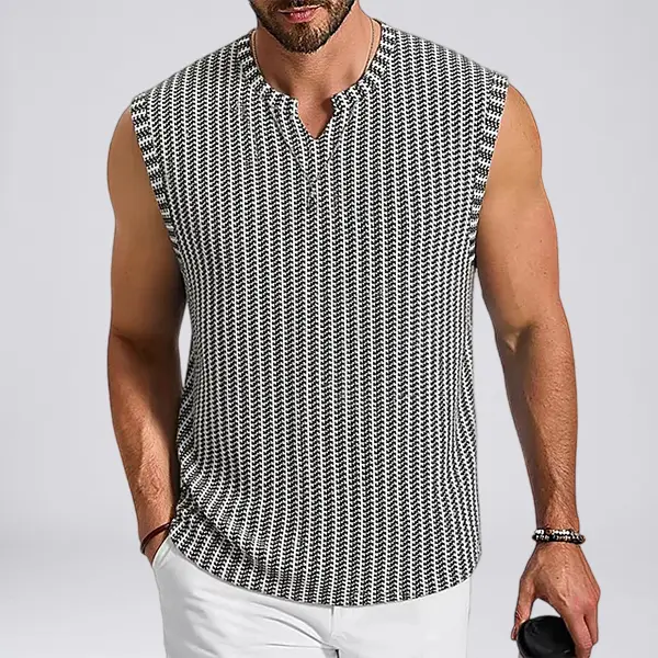 Men’s striped sleeveless V-neck tank top, casual loose fit, breathable summer vest