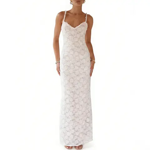 Aprilake Women's  Lace Floral Sweetheart V Neck Micro Frill Trim Straps Sleeveless Bodycon Stretchy Long Maxi Cocktail Party Dress