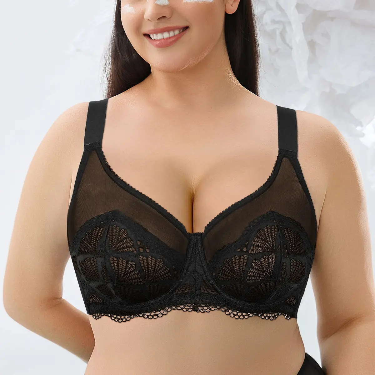 TryWish Women's Plus Size Unlined Full Coverage Bra - Sexy Lace, Light Breathable Mesh, Comfortable Everyday Underwear