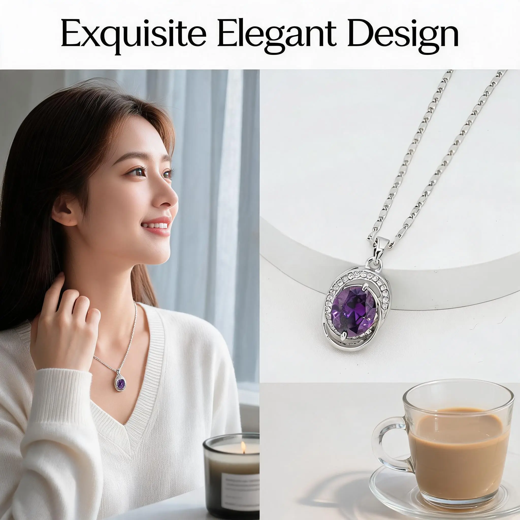Dainty Silver Oval Cut Purple Crystal Halo Pendant Necklace, Adjustable Rotatable Box Chain, Amethyst Rhinestone Vintage Luxury Jewelry, Ideal Wedding/Birthday Gift for Girlfriend, Crystal Necklaces, Box Necklace Necklaces Dropnecklace
