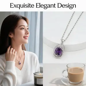 Dainty Silver Oval Cut Purple Crystal Halo Pendant Necklace, Adjustable Rotatable Box Chain, Amethyst Rhinestone Vintage Luxury Jewelry, Ideal Wedding/Birthday Gift for Girlfriend, Crystal Necklaces, Box Necklace Necklaces