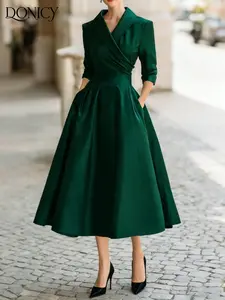 Women's Satin Mandarin Collar Seven-Quarter Sleeves Wrap Waist A-Line Midi Dress, Elegant Business Casual Office Formal Wear