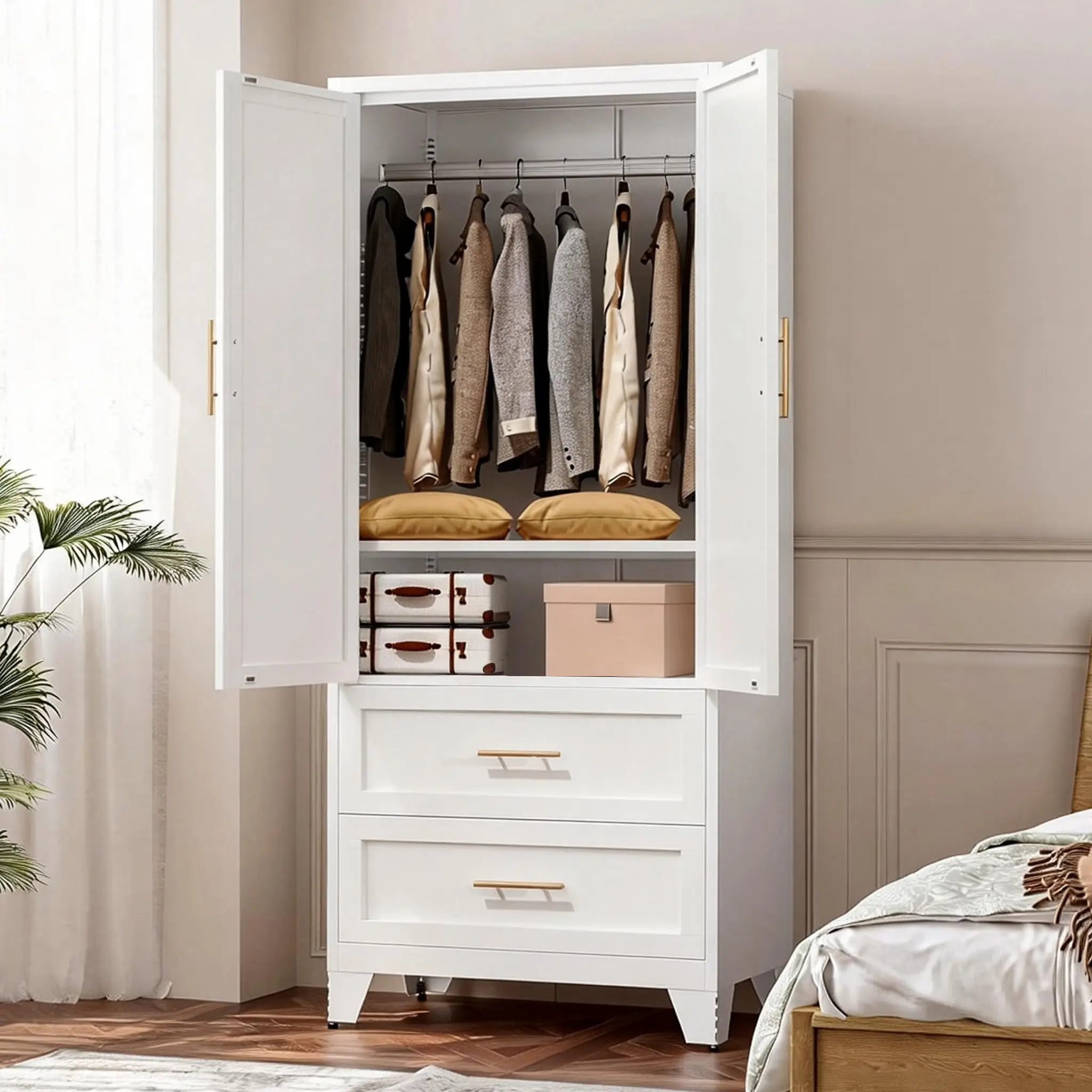 71" Tall Steel Modern Wardrobe Cabinet - Single Unit Closet Organizer Cabinet, Wardrobe Clothes Organizer with 2 Drawers, Hanging Rod, Shelf, Easy Setup for Bedroom, Office, Tall Cabinet