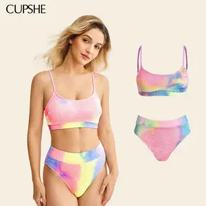 CUPSHE TikTokShopSpringGlowUp Women's Bikini Set Two Piece Swimsuits Stylish Beachwear High Waisted Scoop Neck Spaghetti Adjustable Straps Textured Swimwear(XS-XXL) Bathing Suits